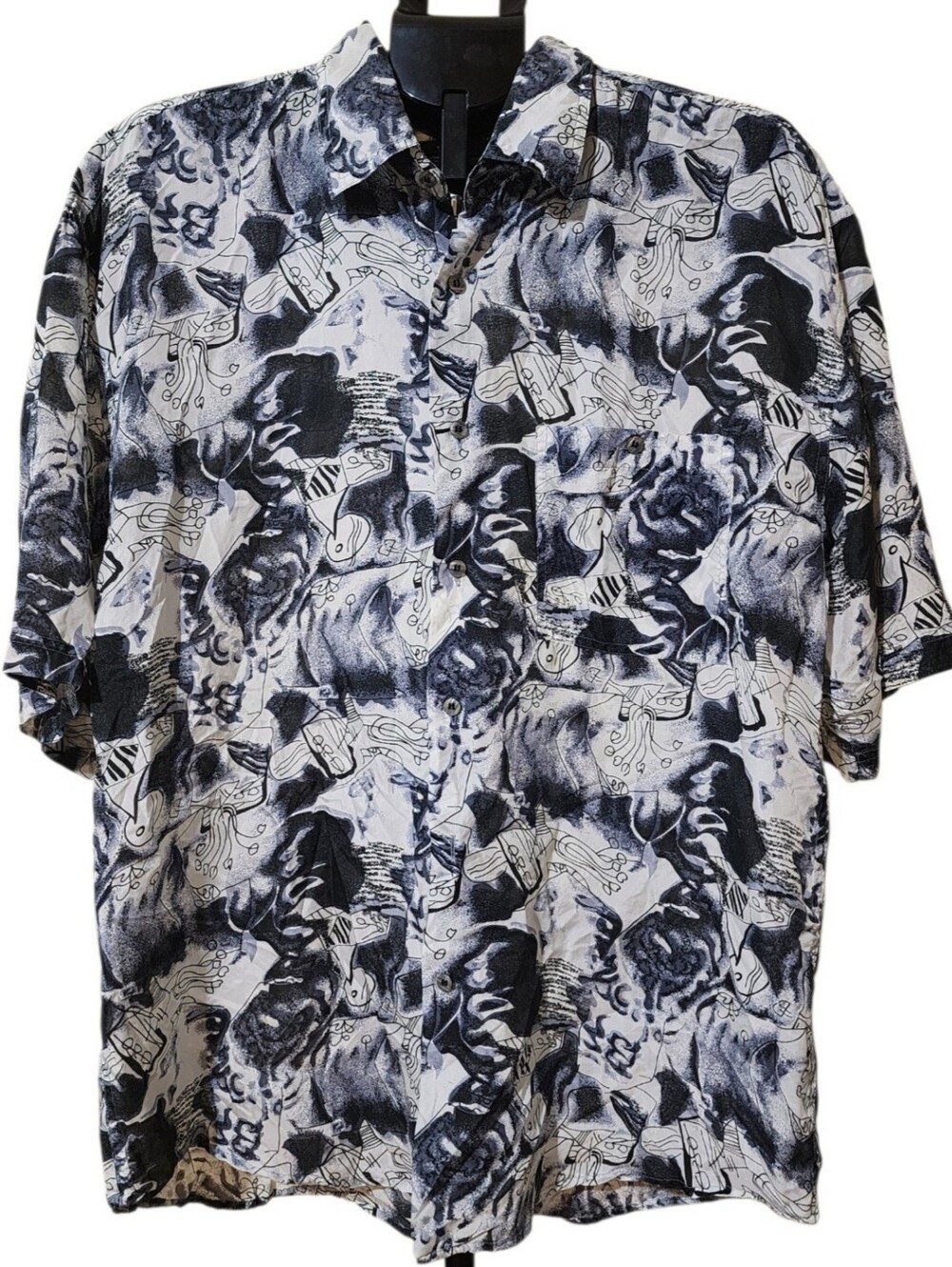 Vintage Utopia 100% Silk Abstract Shirt Blue & White Size L
